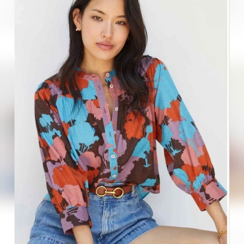 Anthropologie PORRIDGE Patterned Graphic Tree Design 100% Cotton Blouse Extra Sm